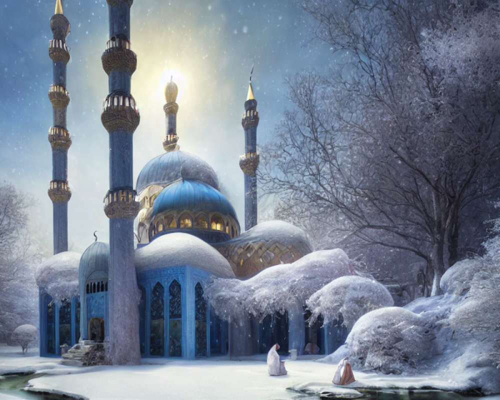 Snowy Blue-Domed Mosque Surrounded by Winter Trees and Minarets