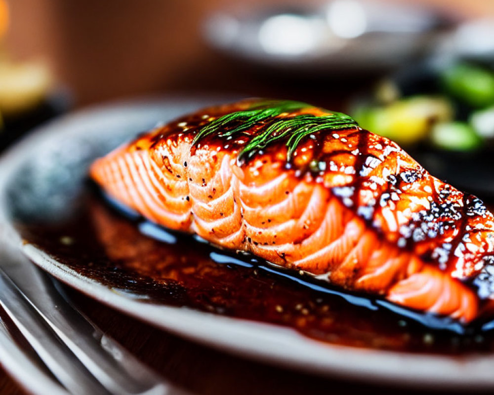 Grilled Salmon Fillet with Char Marks on Dark Plate with Soy Sauce