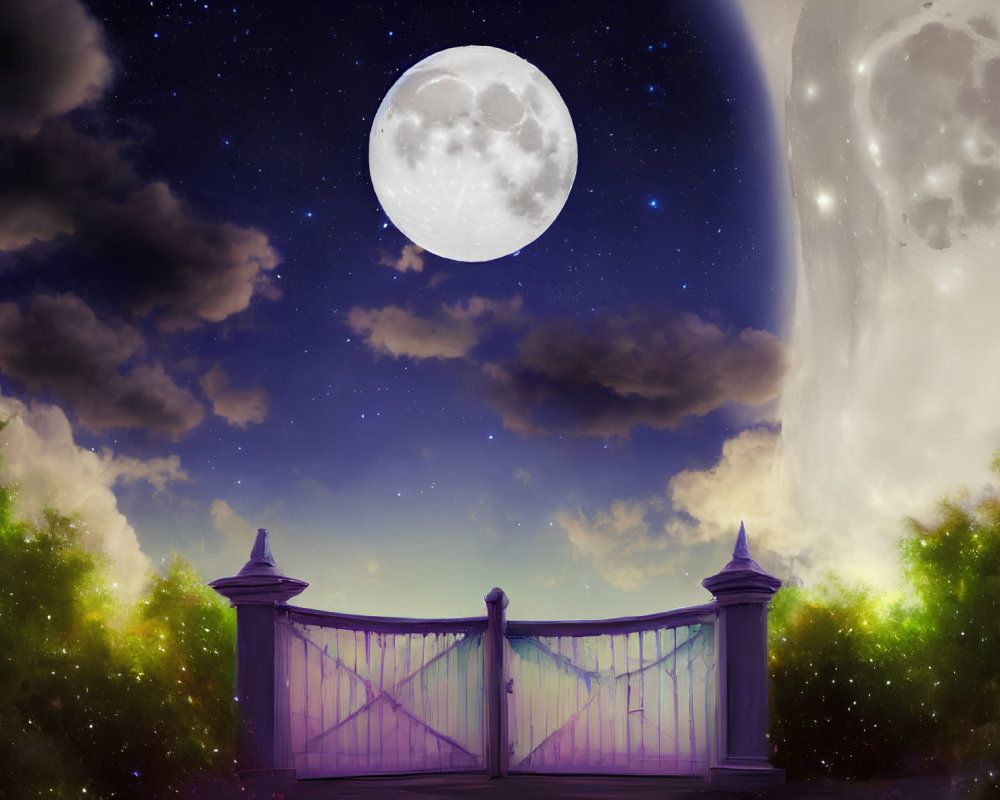 Mystical night scene with luminous full moon, starry sky, silhouetted gate