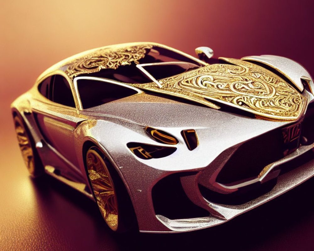 Luxurious Sports Car with Gold Detailing on Red Background