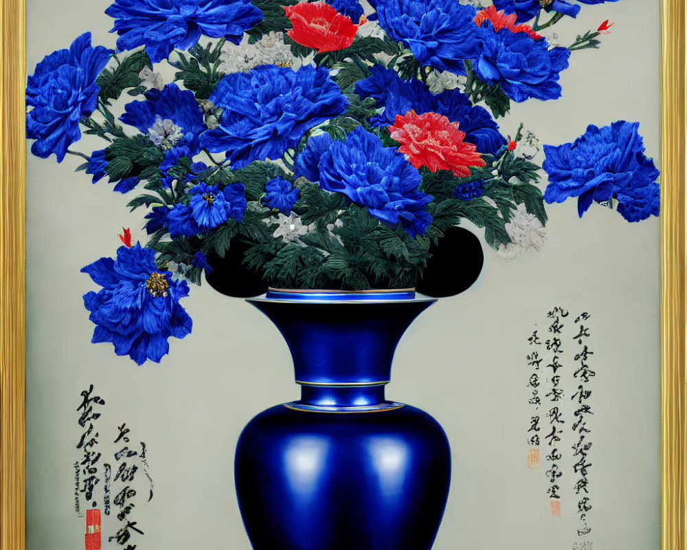 Traditional Asian-style painting with blue vase and peony flowers, Chinese calligraphy.