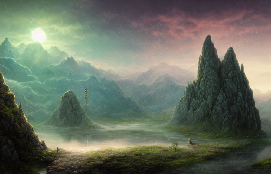 Mystical landscape with mountains, lake, figure, and rock formation in rain