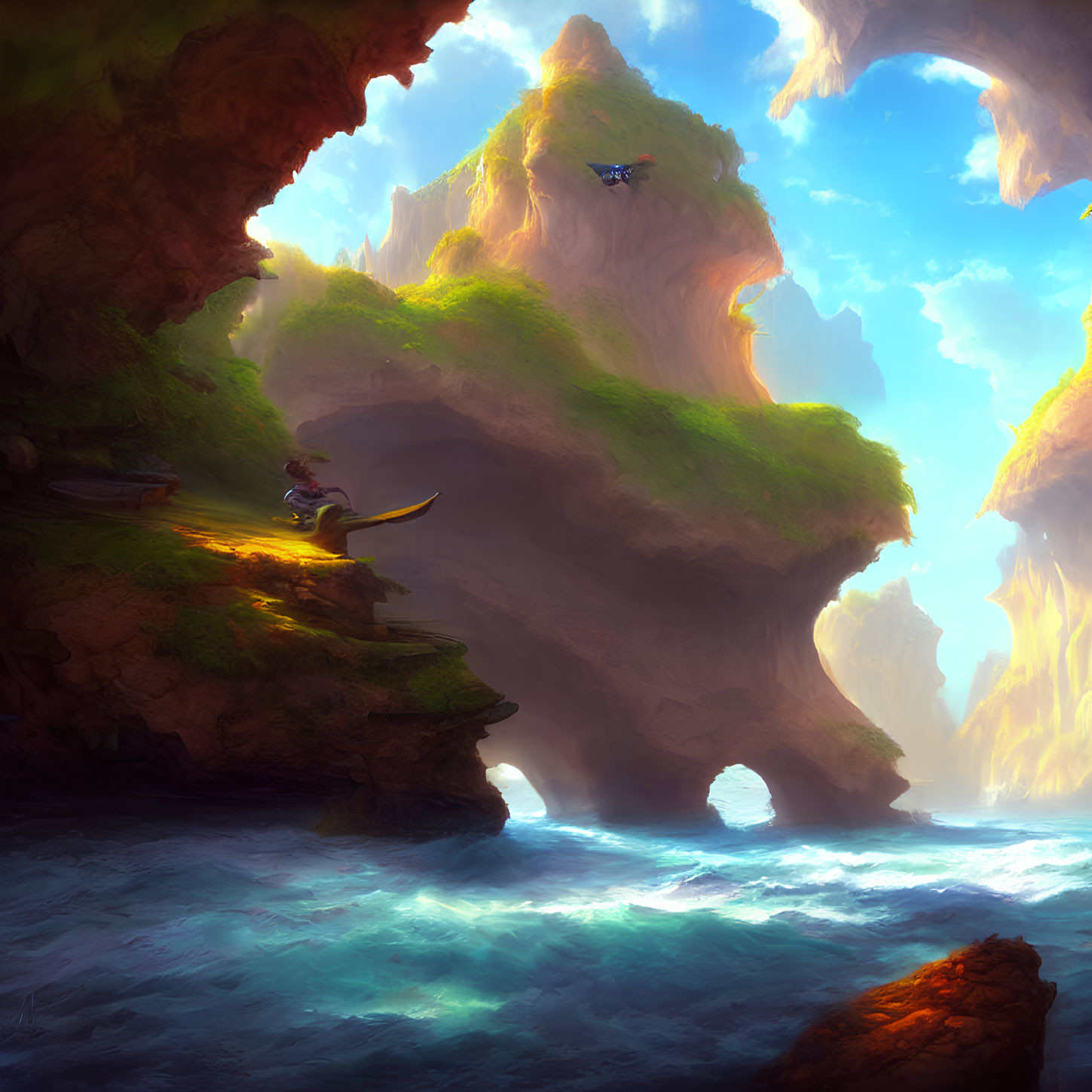 Fantasy landscape with cliffs, waterfalls, sea, and canoe paddler