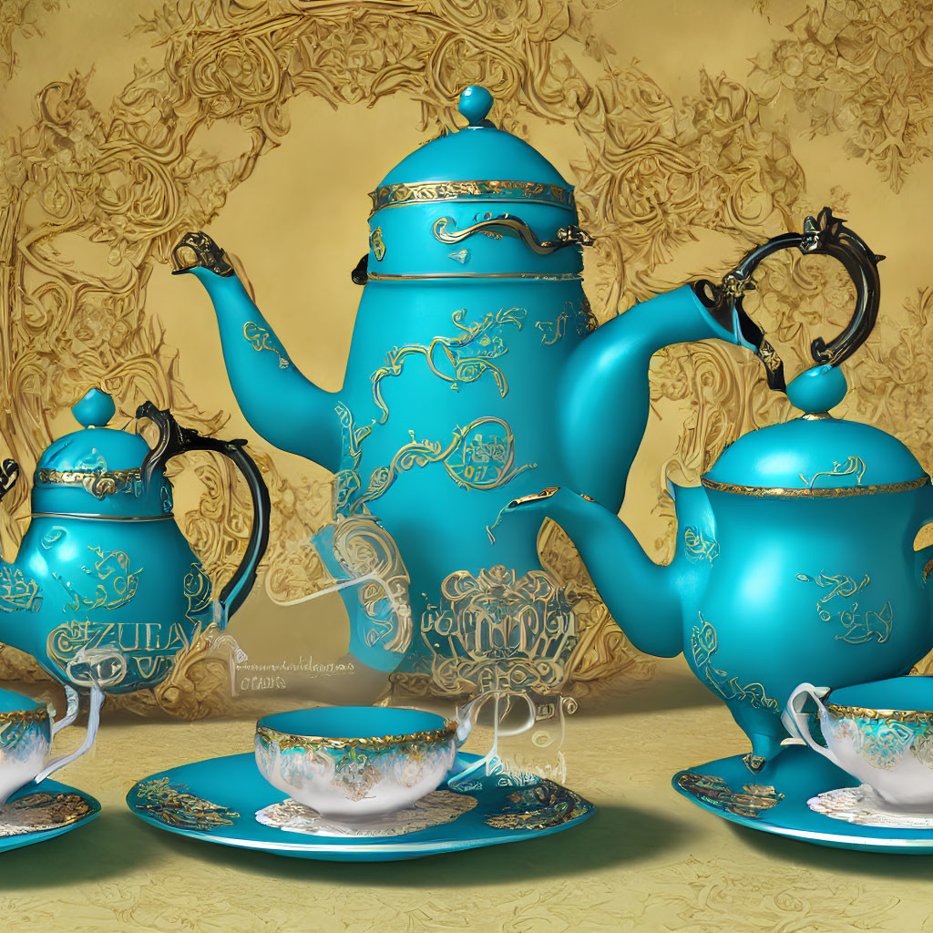 Turquoise and Gold Tea Set with Intricate Patterns