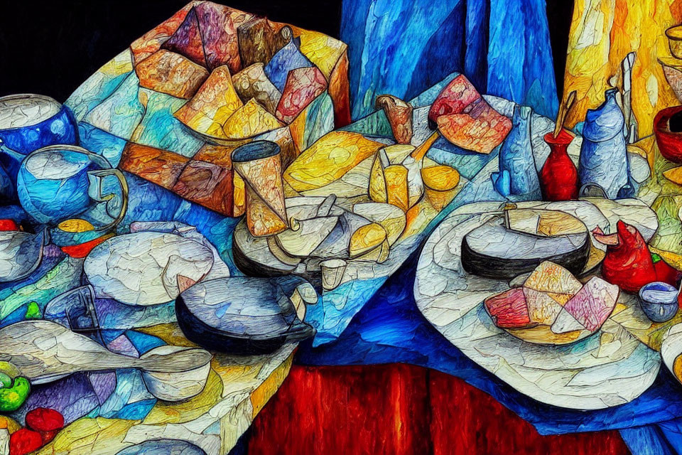 Vibrant Dining Table Artwork with Plates, Cups, Utensils, and Food Items