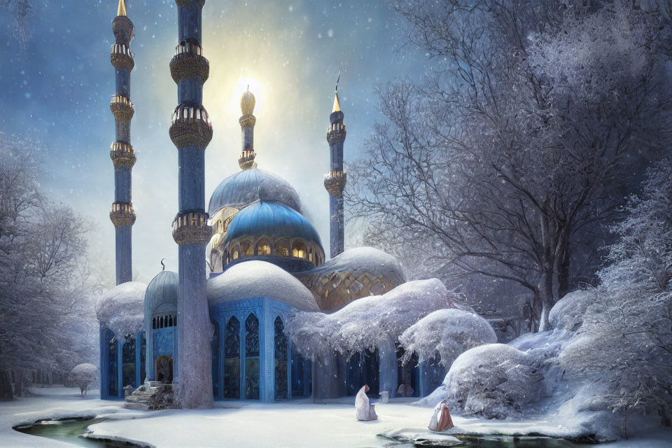 Snowy Blue-Domed Mosque Surrounded by Winter Trees and Minarets