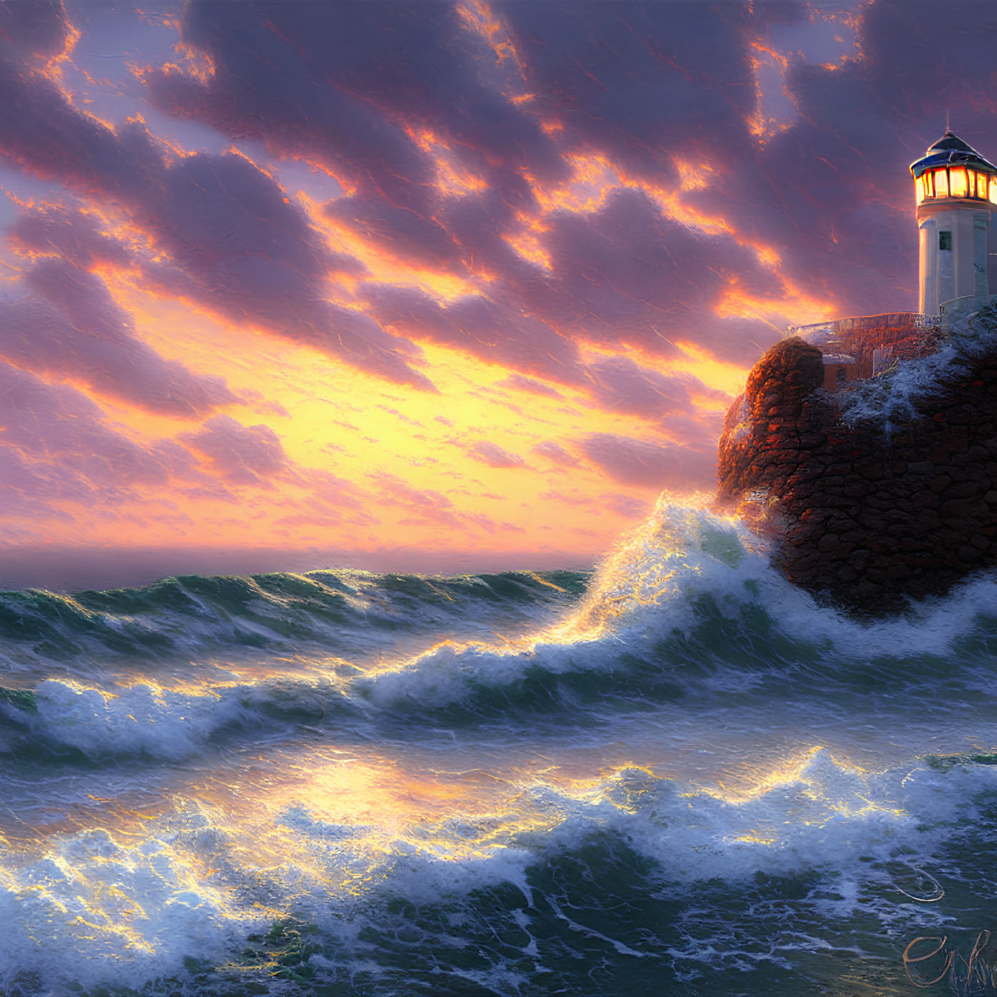 Lighthouse on Cliff Overlooking Crashing Waves at Sunset