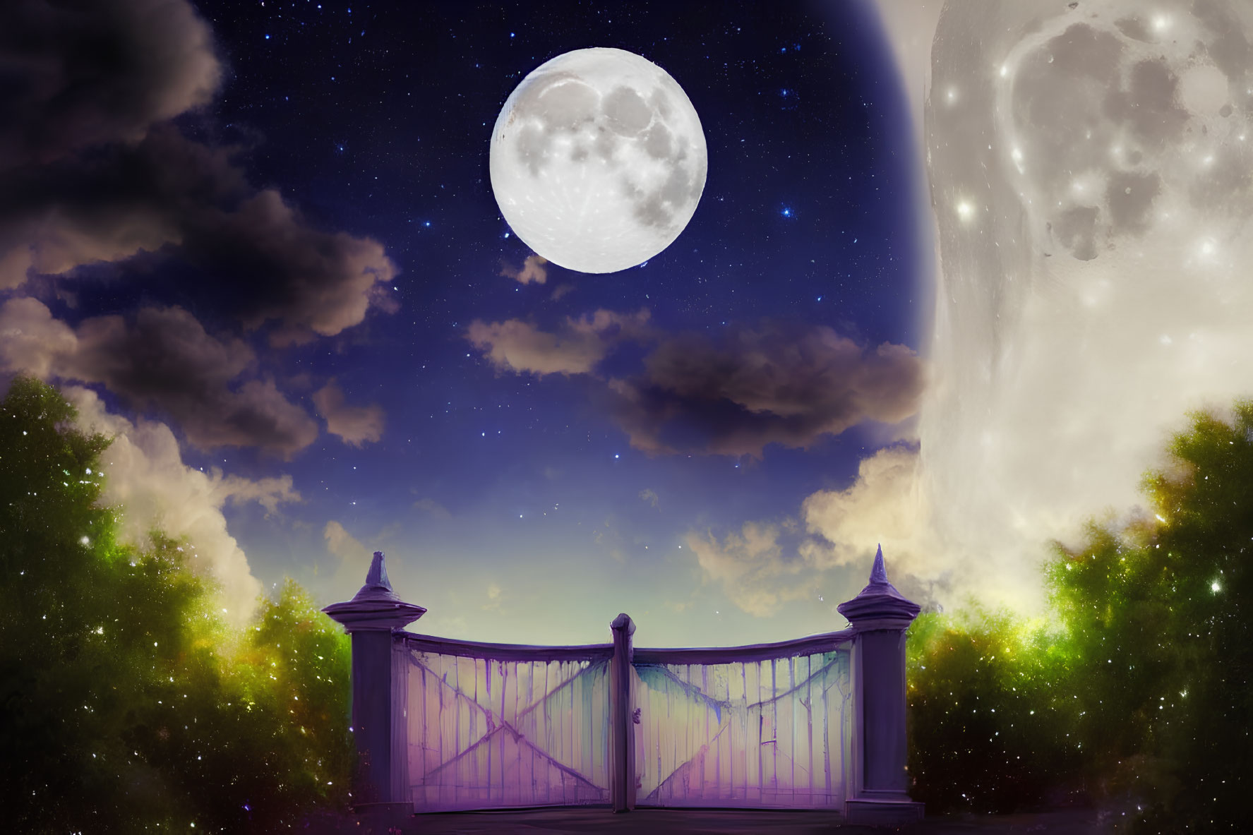 Mystical night scene with luminous full moon, starry sky, silhouetted gate