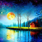 Colorful Painting of Red Cabin by Calm Lake at Night