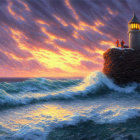 Lighthouse on Cliff Overlooking Crashing Waves at Sunset