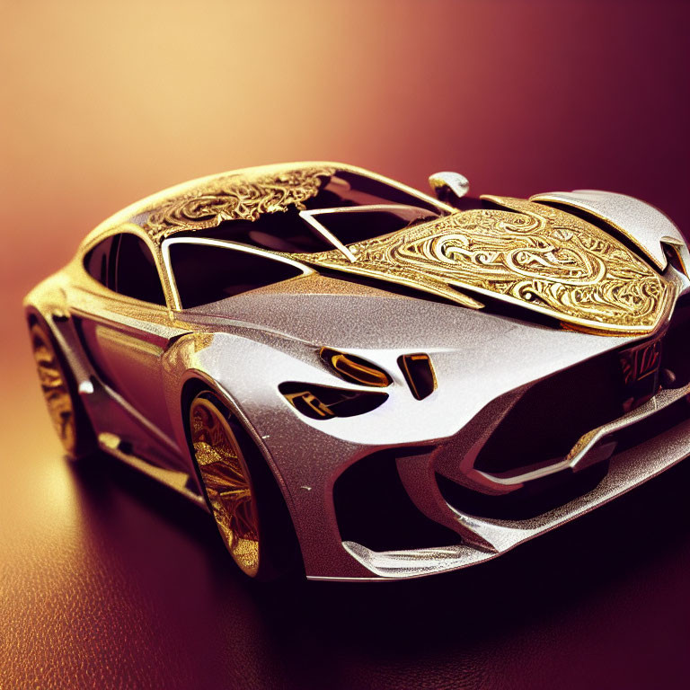 Luxurious Sports Car with Gold Detailing on Red Background