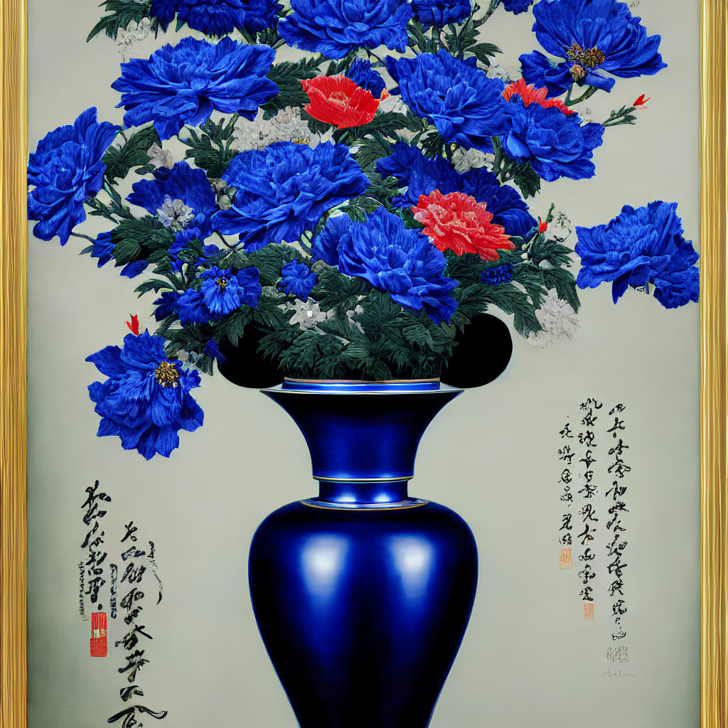 Traditional Asian-style painting with blue vase and peony flowers, Chinese calligraphy.