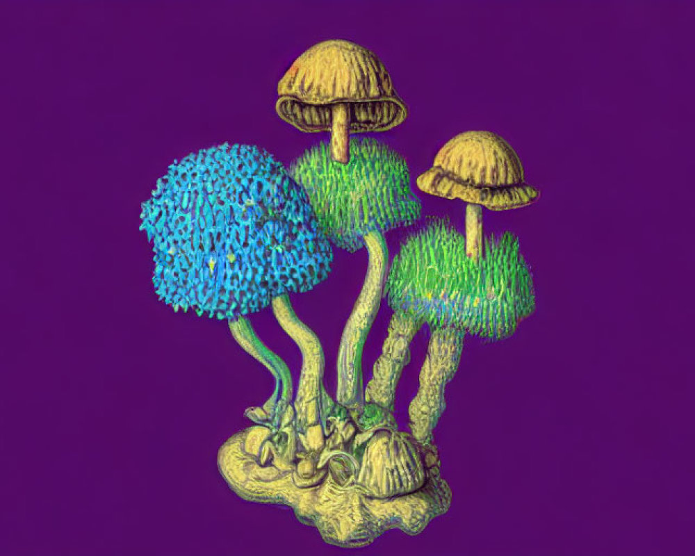 Colorful Mushroom Digital Art on Purple Background with Textured Caps