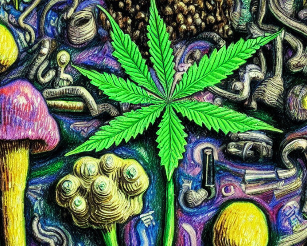 Colorful Cannabis Leaf and Mushroom Illustration with Abstract Patterns