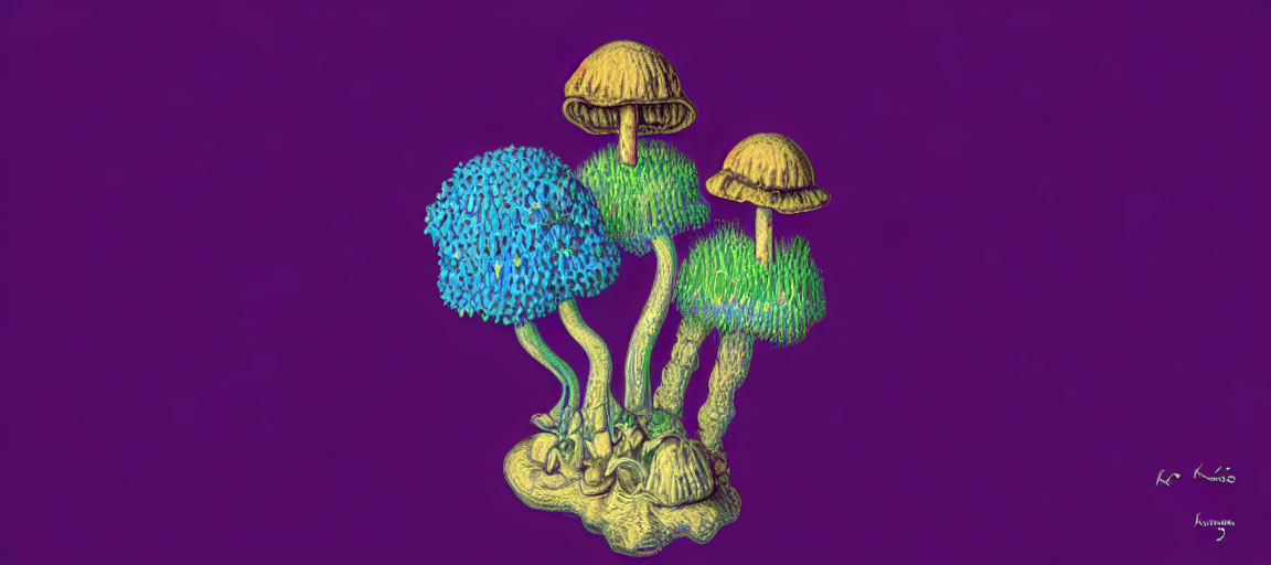 Colorful Mushroom Digital Art on Purple Background with Textured Caps