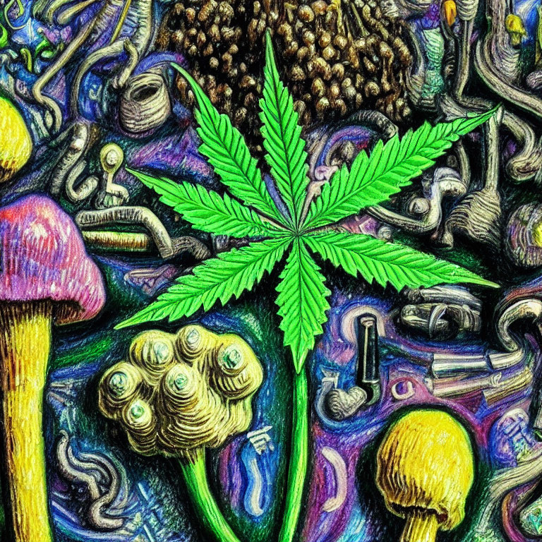 Colorful Cannabis Leaf and Mushroom Illustration with Abstract Patterns