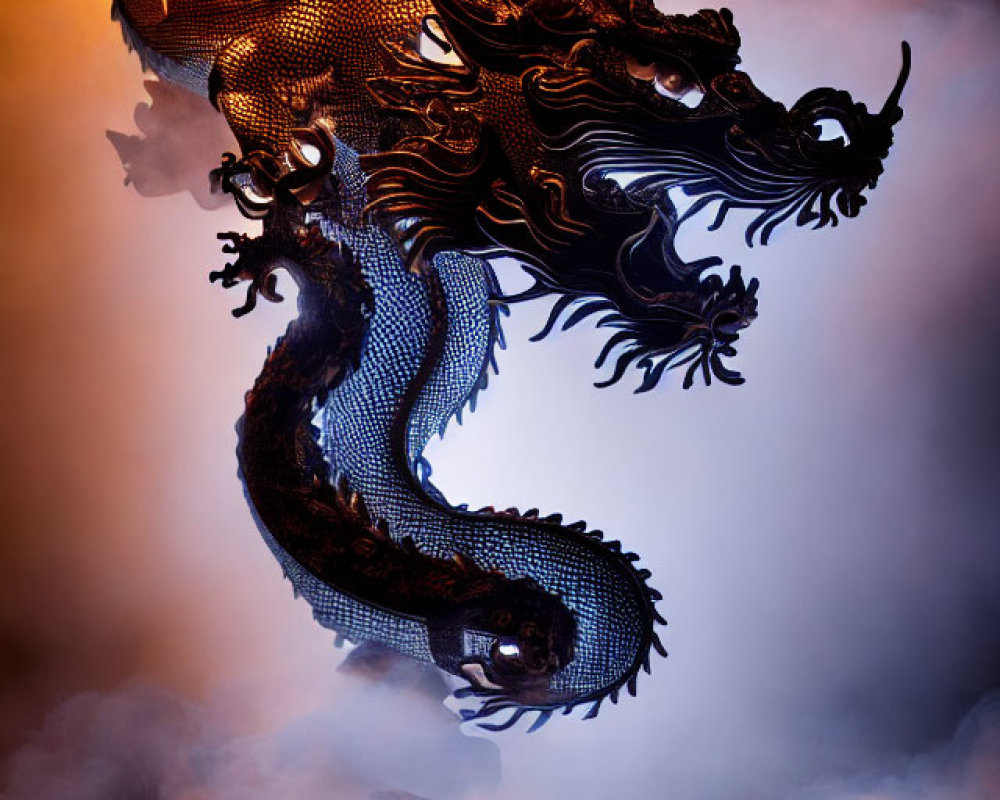 Black and Gold Dragon in Swirling Clouds Symbolizing Power