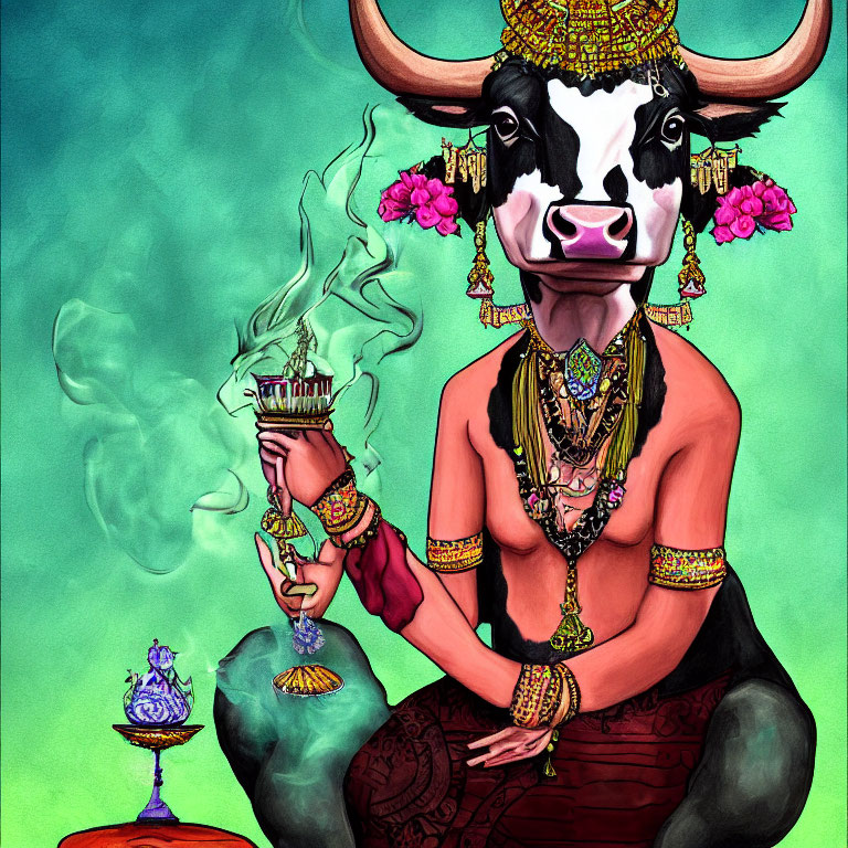 Surreal illustration of seated figure with cow's head and Indian jewelry