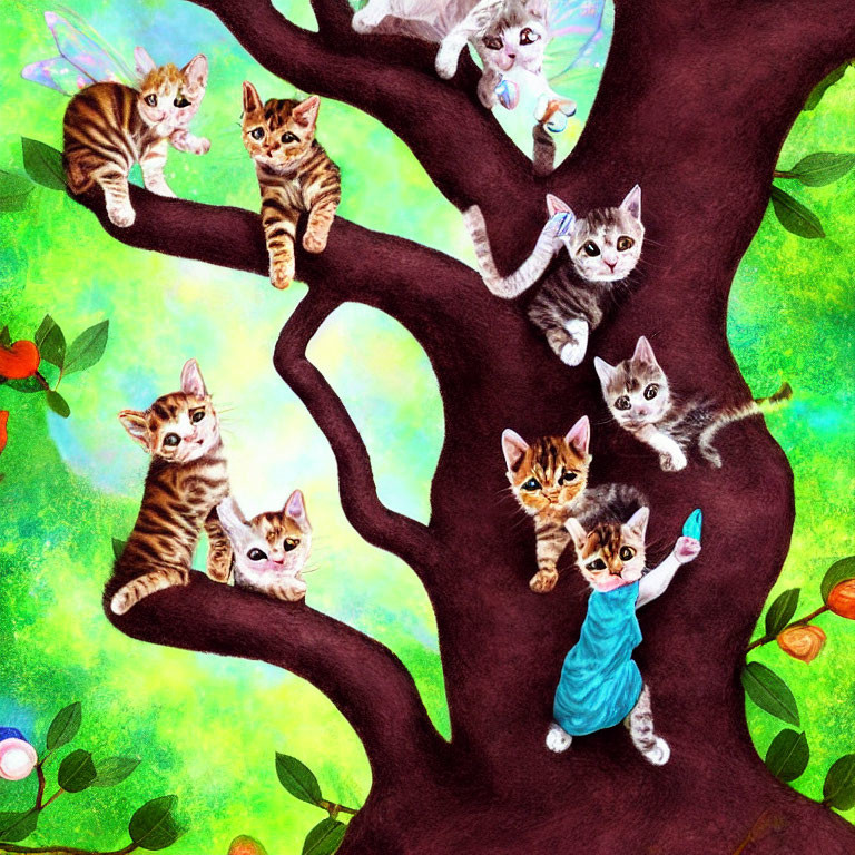 Colorful Illustration of Playful Kittens on Whimsical Tree