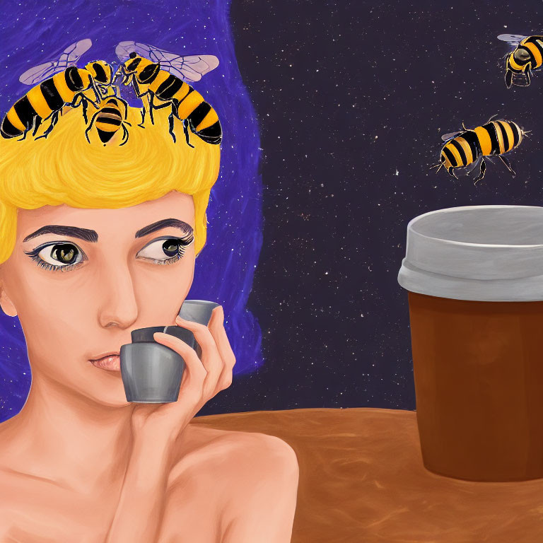 Yellow-haired woman sipping from cup surrounded by large bees on starry night sky background