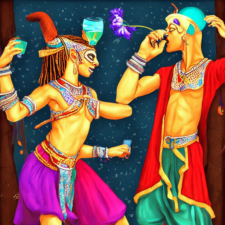 Ancient Egyptian characters in vibrant attire with blue potion cups