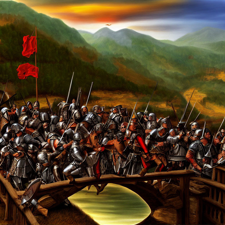 Medieval knights and soldiers crossing wooden bridge with red flag, mountain backdrop