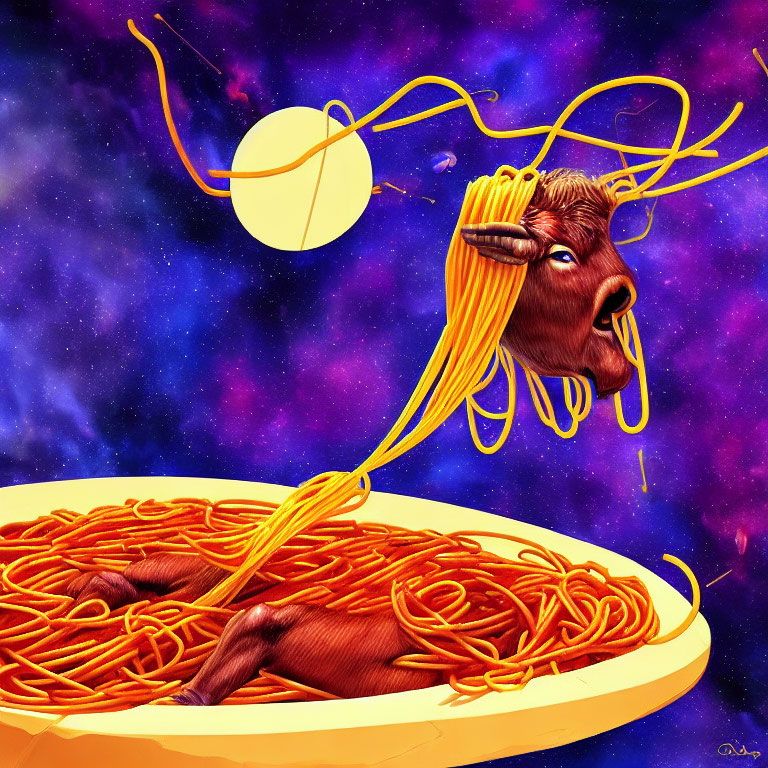 Whimsical Bull with Spaghetti Horns and Meatball Sun in Cosmic Scene