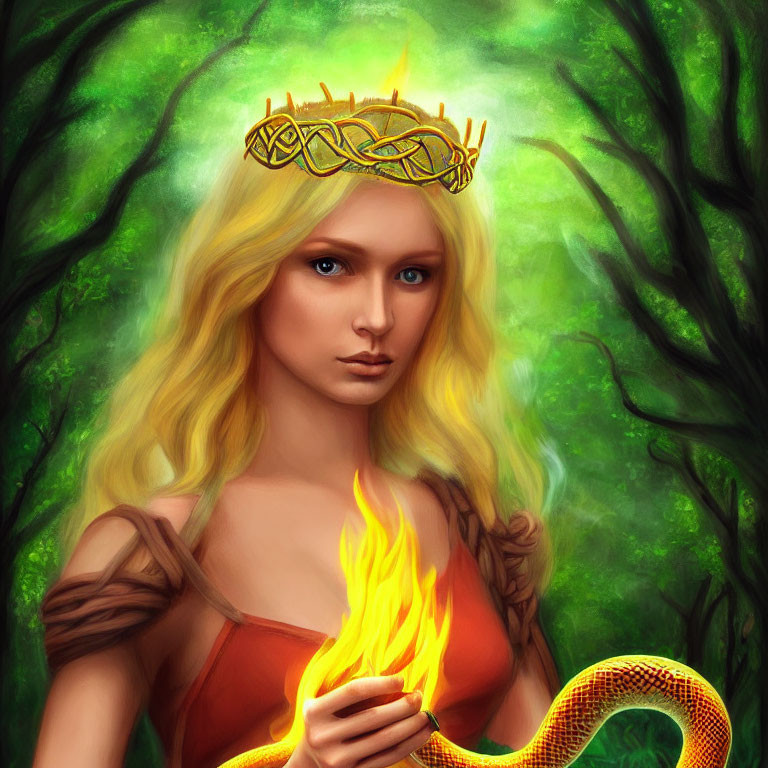 Blonde woman with golden crown holding flame, snake on arm in forest setting