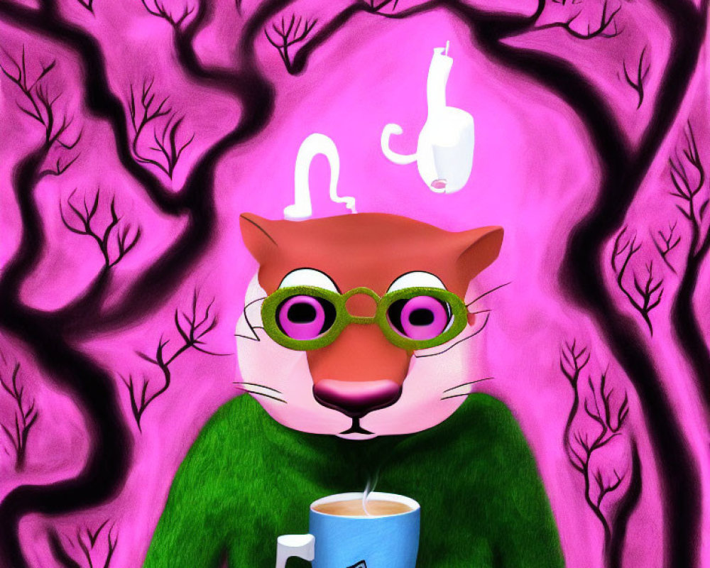 Pink Cat with Green Glasses Enjoying Coffee on Pink Background