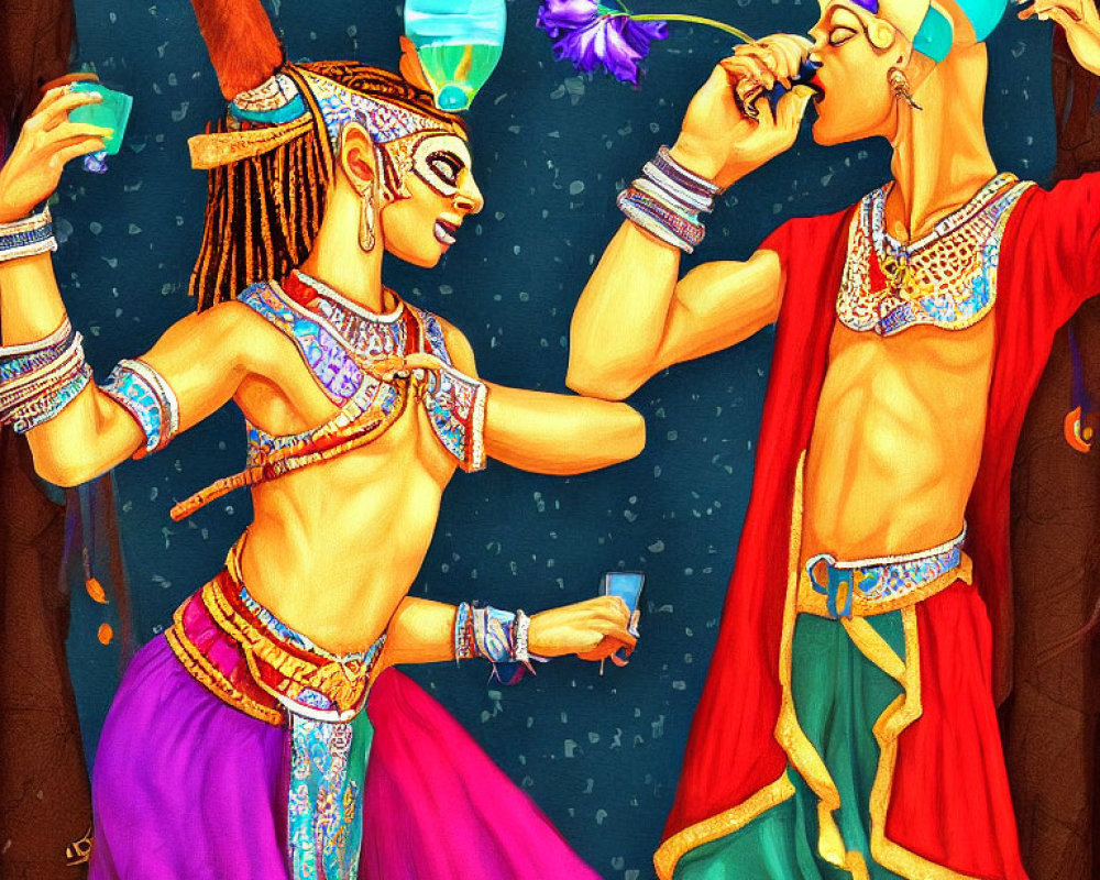 Ancient Egyptian characters in vibrant attire with blue potion cups