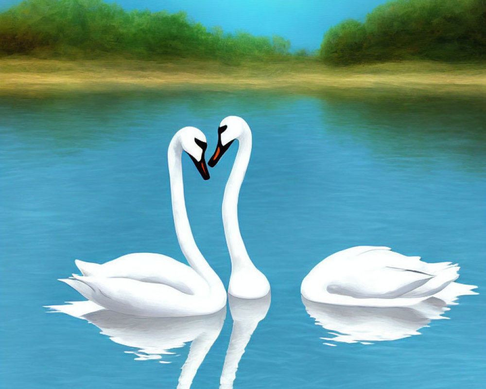 Pair of swans creating heart shape on serene blue pond