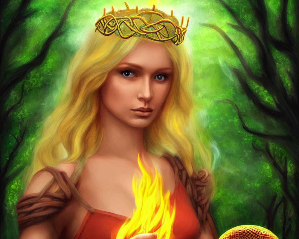 Blonde woman with golden crown holding flame, snake on arm in forest setting