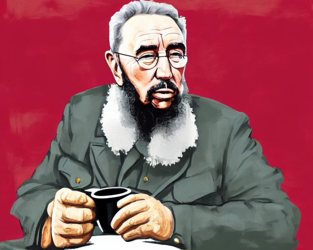 Illustrated portrait of bearded man in glasses with green jacket and cup on red background