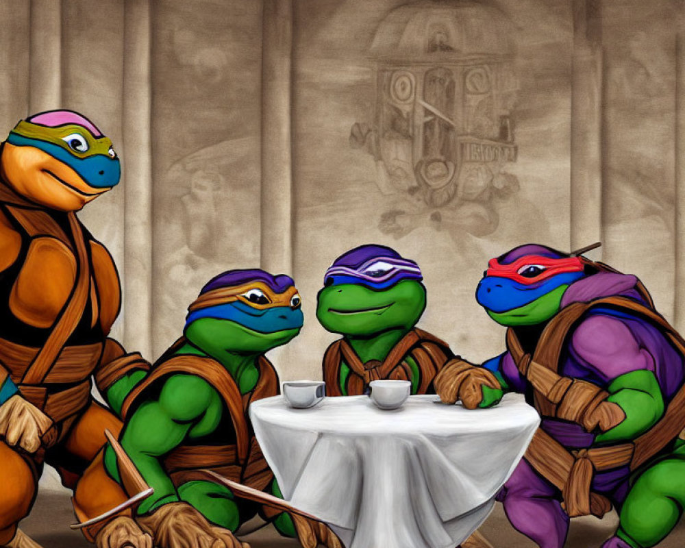 Four anthropomorphic turtles in colored masks at table discussing, with background building.