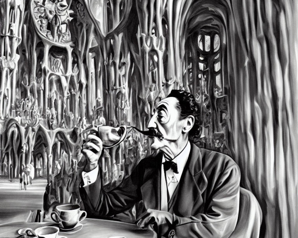 Monochromatic painting of man with mustache at table in surreal room