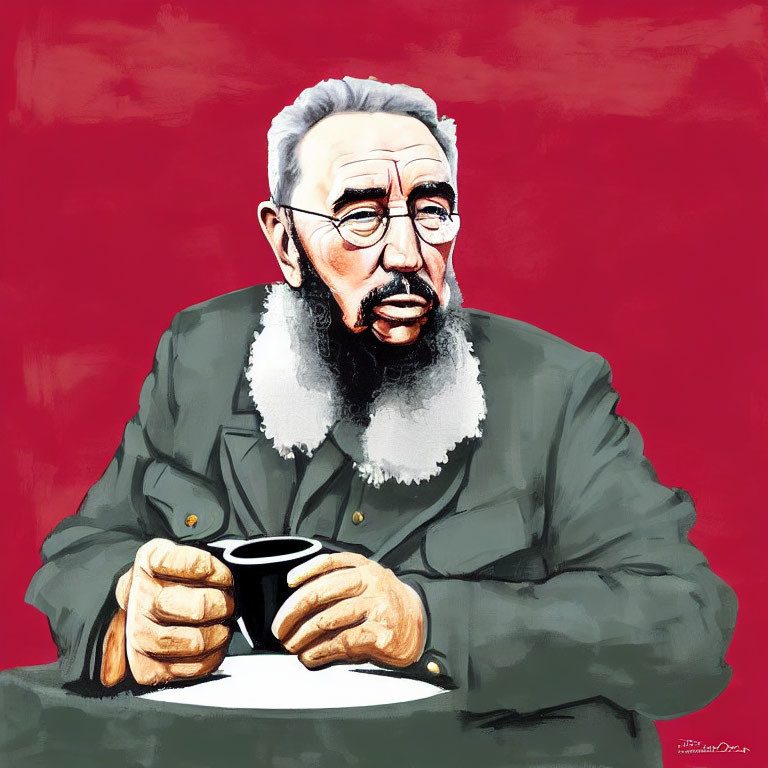 Illustrated portrait of bearded man in glasses with green jacket and cup on red background