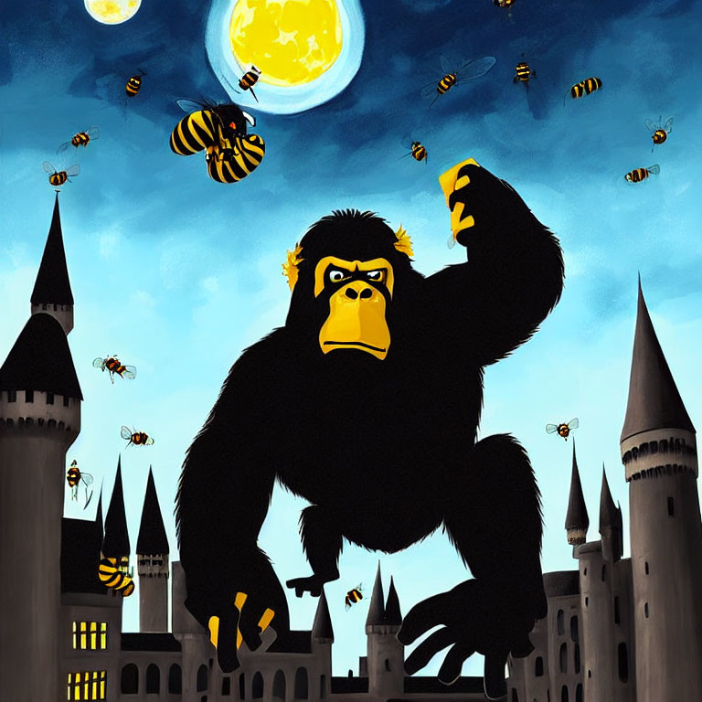 Stylized King Kong with bees in sunglasses under full moon