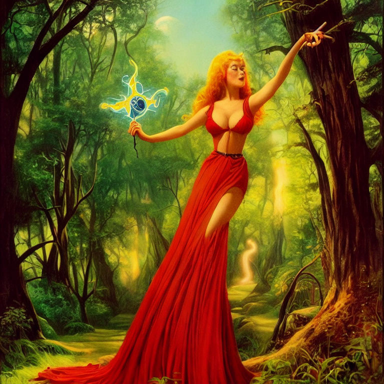 Mystical woman in red dress with glowing blue sigil in enchanted forest