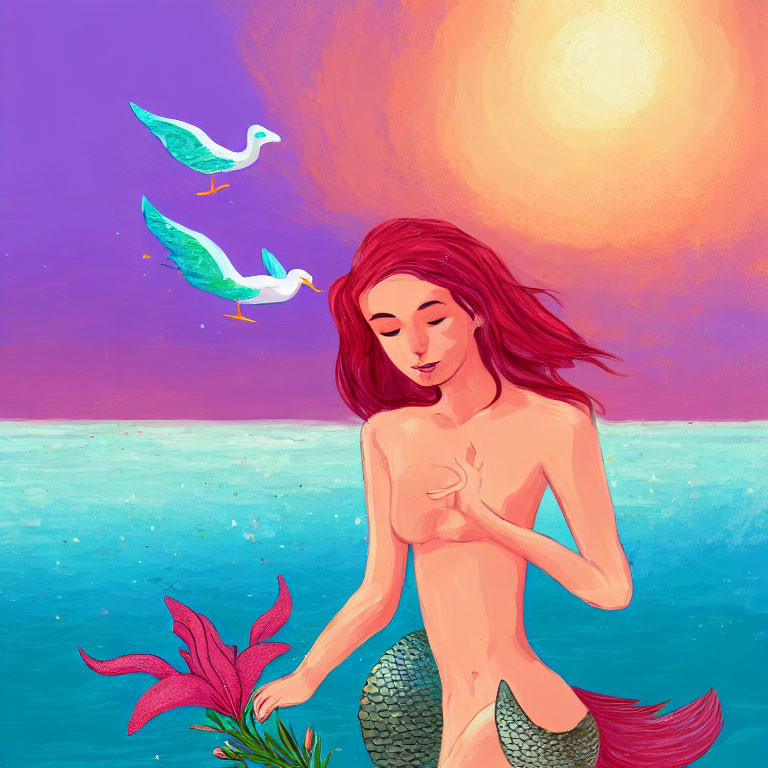 Red-haired mermaid by the sea at sunset with pink plant and white birds