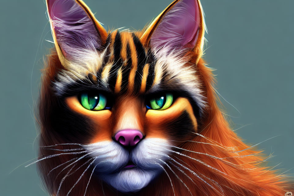 Detailed Digital Artwork: Orange Tabby Cat with Green Eyes and Stripes