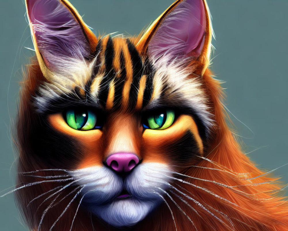 Detailed Digital Artwork: Orange Tabby Cat with Green Eyes and Stripes