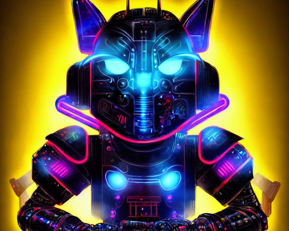 Cybernetic creature with cat-like head in neon colors