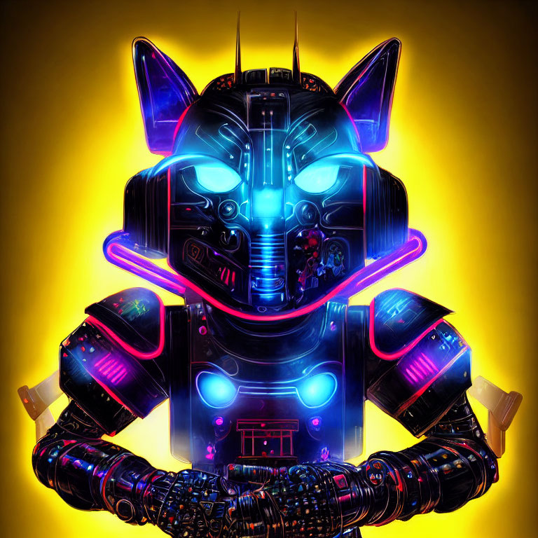 Cybernetic creature with cat-like head in neon colors