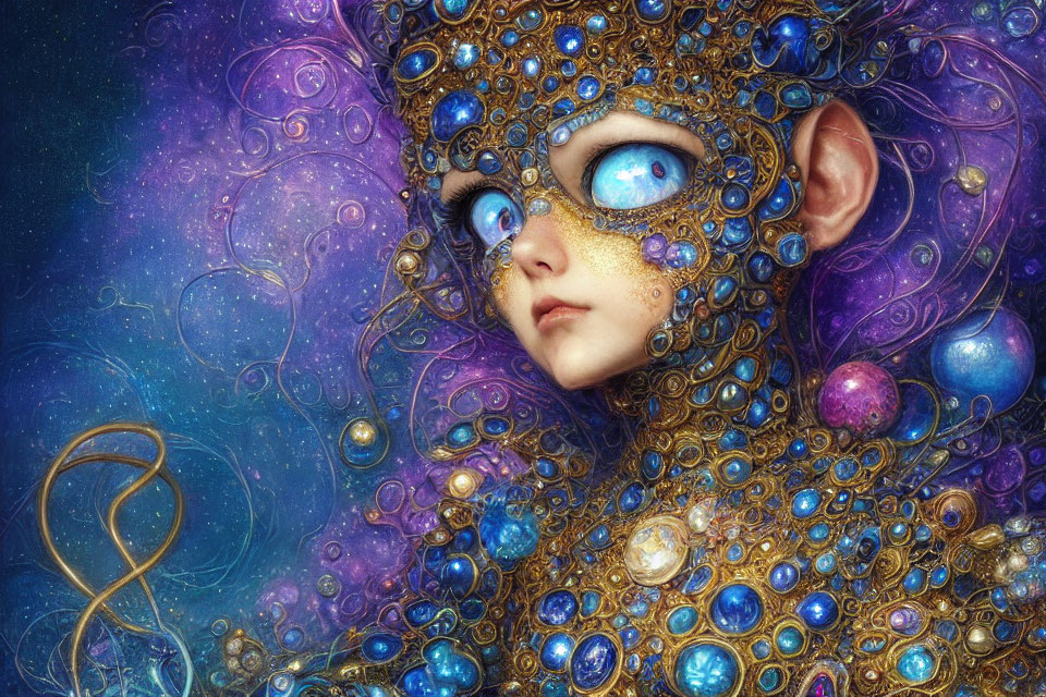 Fantastical elf-like creature with large blue eyes and ornate headdress on cosmic background