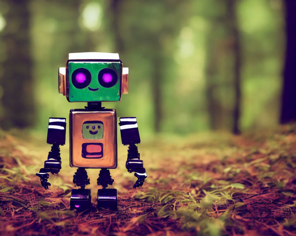 Green-eyed toy robot on forest floor with brown leaves and blurred trees