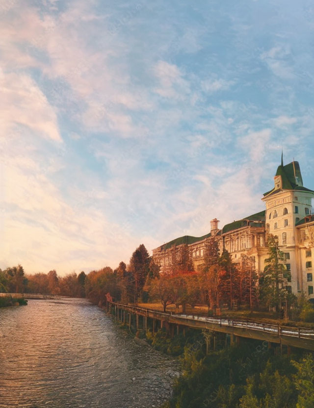 Historic riverside building with green roof at sunset amidst autumn trees and pastel sky