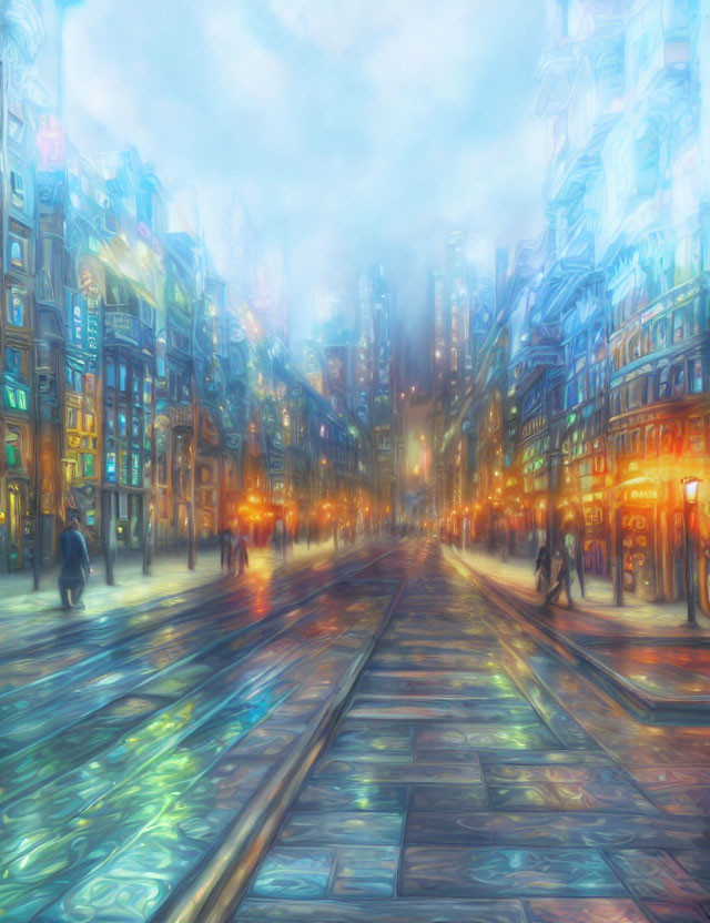 Twilight cityscape: neon lights, wet cobblestones, blurred figures walking