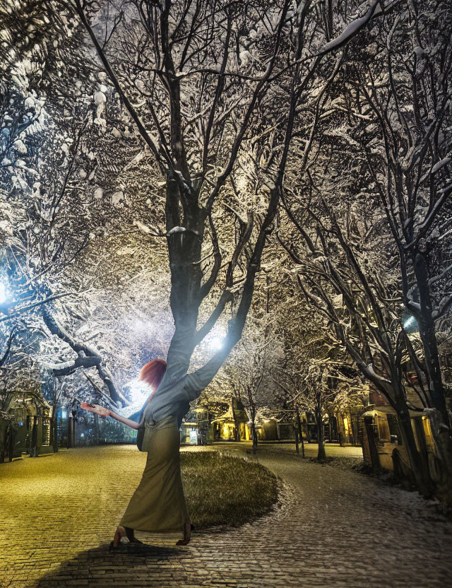 Red-haired person in winter park scene with snow-covered trees and streetlights