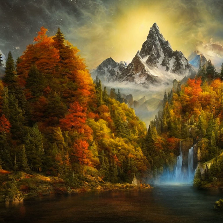 Picturesque autumn mountain landscape with vibrant forests, snowy peak, and serene waterfall