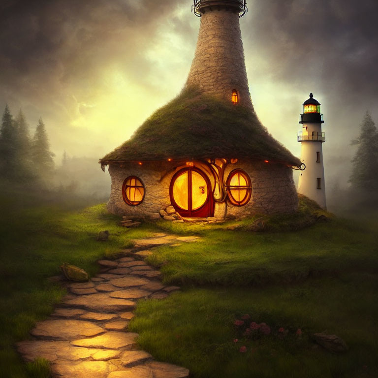 Whimsical cottage with lighthouse tower in misty landscape